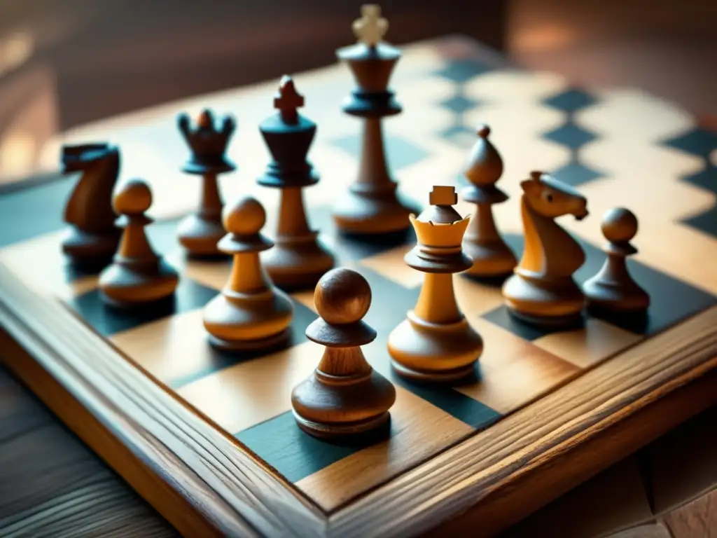 Un juego de ajedrez vintage con piezas de madera talladas y un tablero desgastado. <b>La iluminación suave crea una atmósfera nostálgica.
