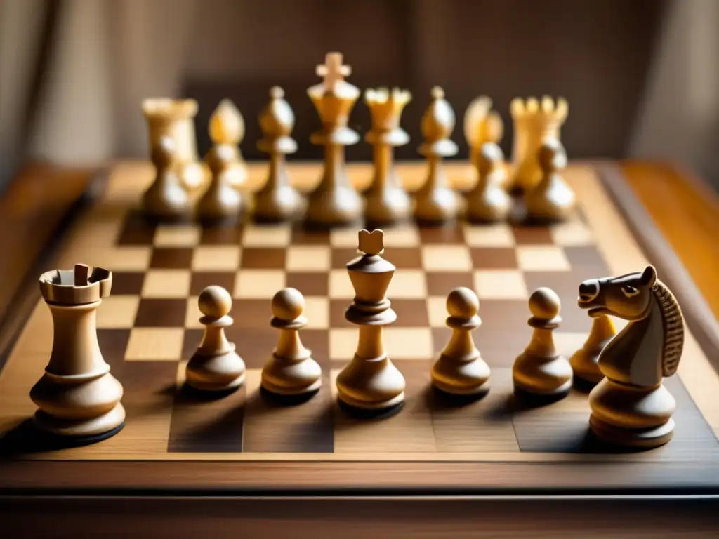 Un juego de ajedrez vintage con piezas de madera talladas y desgastadas sobre un tablero envejecido. La escena irradia nostalgia y tradición, evocando el impacto psicológico del ajedrez electrónico.