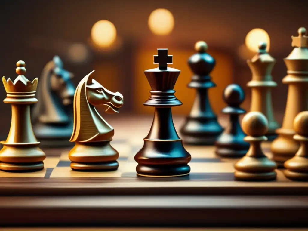Un juego de ajedrez vintage con piezas de madera talladas y un tablero de cuero desgastado, resalta la importancia del balance en juegos estratégicos.