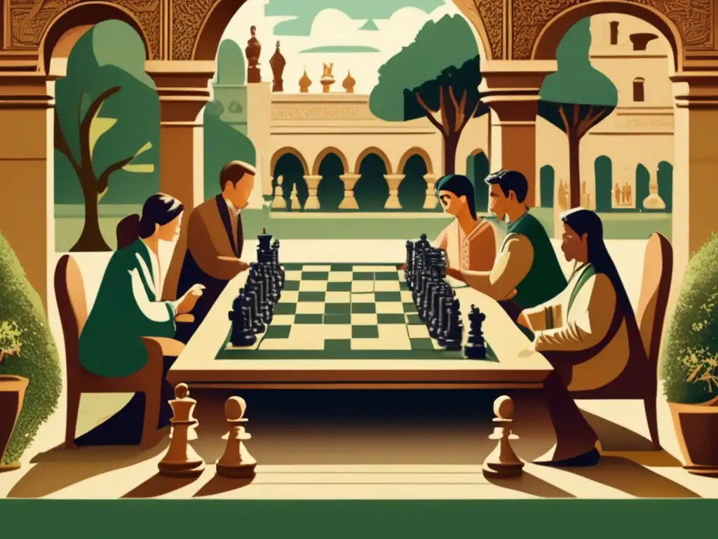 Un juego ancestral de estrategia se desarrolla en un patio histórico, con piezas ornamentadas y un tablero artesanal. <b>Origen histórico del ajedrez.