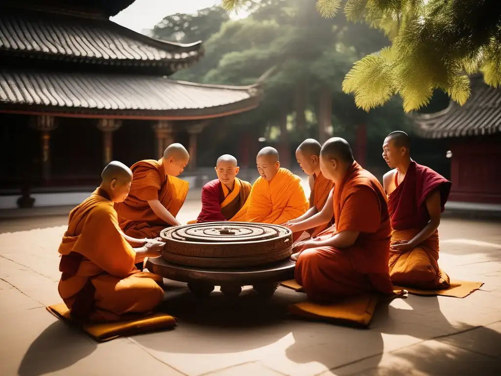 Un juego de anillos budista en un antiguo templo, con monjes y una atmósfera espiritual y tranquila. <b>Significado espiritual juego de anillos budista.