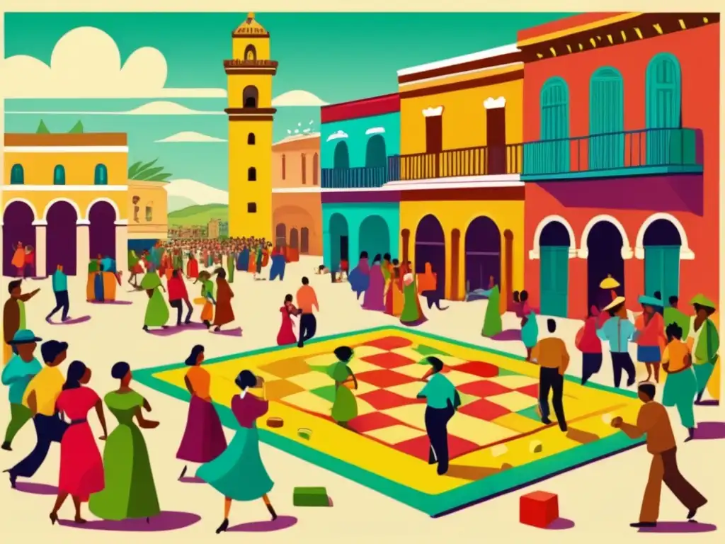 Un juego animado de parchís en la bulliciosa plaza de un pueblo latinoamericano, capturando el impacto cultural del juego en América Latina.