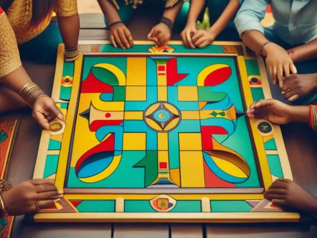 Un juego animado de parchís en un tablero artesanal, reflejando el impacto cultural del juego en América Latina.