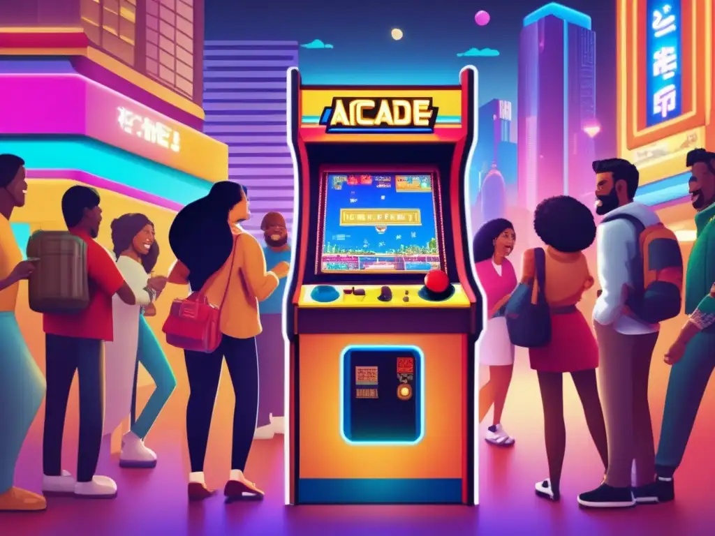 Un juego arcade vintage en una ciudad animada, con personas de diversas culturas disfrutando de los videojuegos. <b>Impacto cultural de los videojuegos.