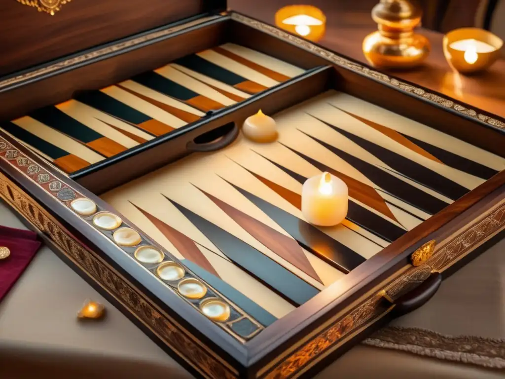 Un juego de backgammon antiguo en madera tallada con incrustaciones de nácar, iluminado por una lámpara de aceite. <b>Personas en trajes tradicionales juegan al fondo, evocando la tradición cultural del backgammon.</b> 'Origen y evolución del backgammon'.