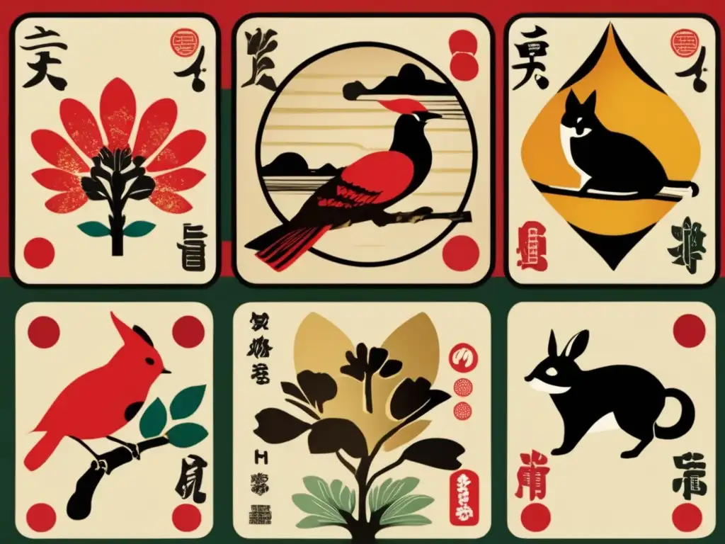 Un juego de cartas Hanafuda japonés, con diseños florales y animales vibrantes. <b>Las cartas gastadas evocan su origen histórico.