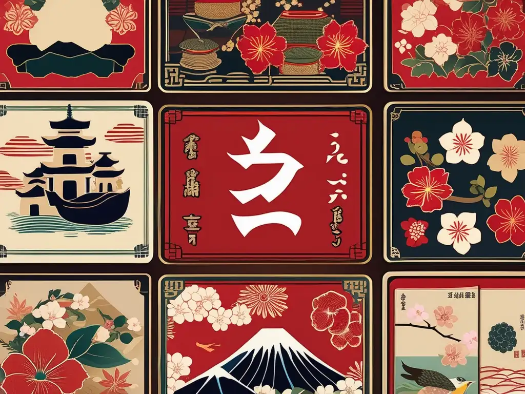 Un juego de cartas tradicionales japonesas con diseño vintage, exudando encanto y artesanía, incluye la palabra clave 'Renacimiento juegos cartas tradicionales japoneses'.