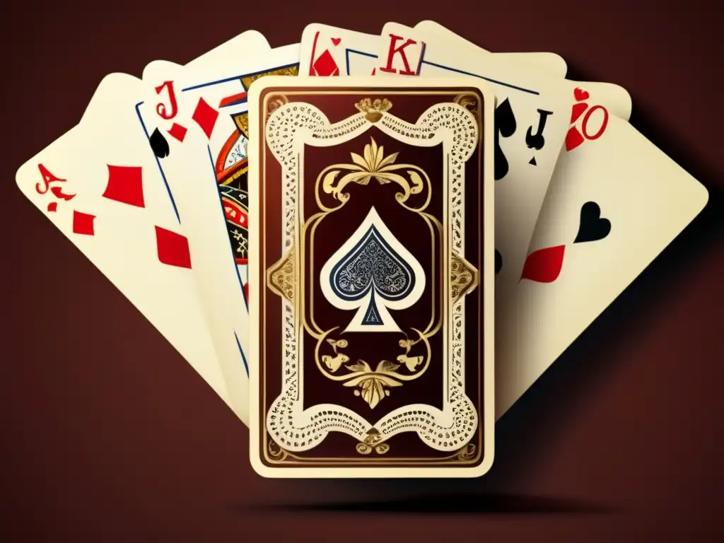 Un juego de cartas vintage con detalles intrincados sobre una mesa de caoba, evocando la nostalgia y los beneficios de los juegos de cartas.