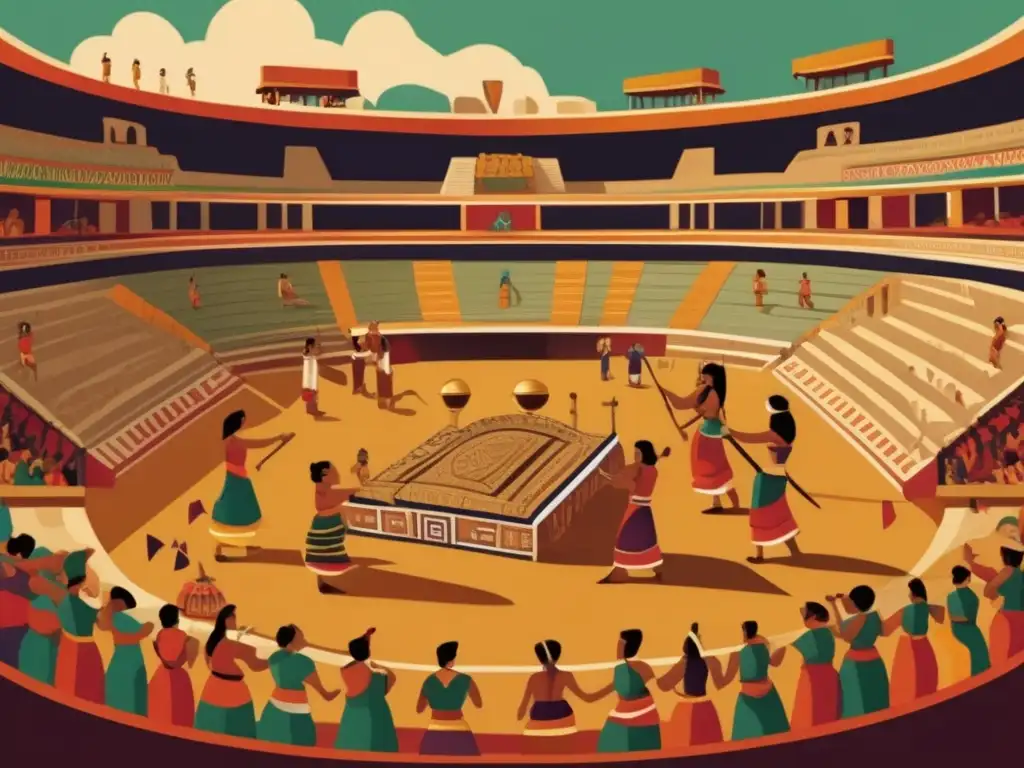 Un juego ceremonial prehispánico con jugadores vestidos con trajes tradicionales y decoraciones de piedra. <b>Significado ritual juegos prehispánicos.
