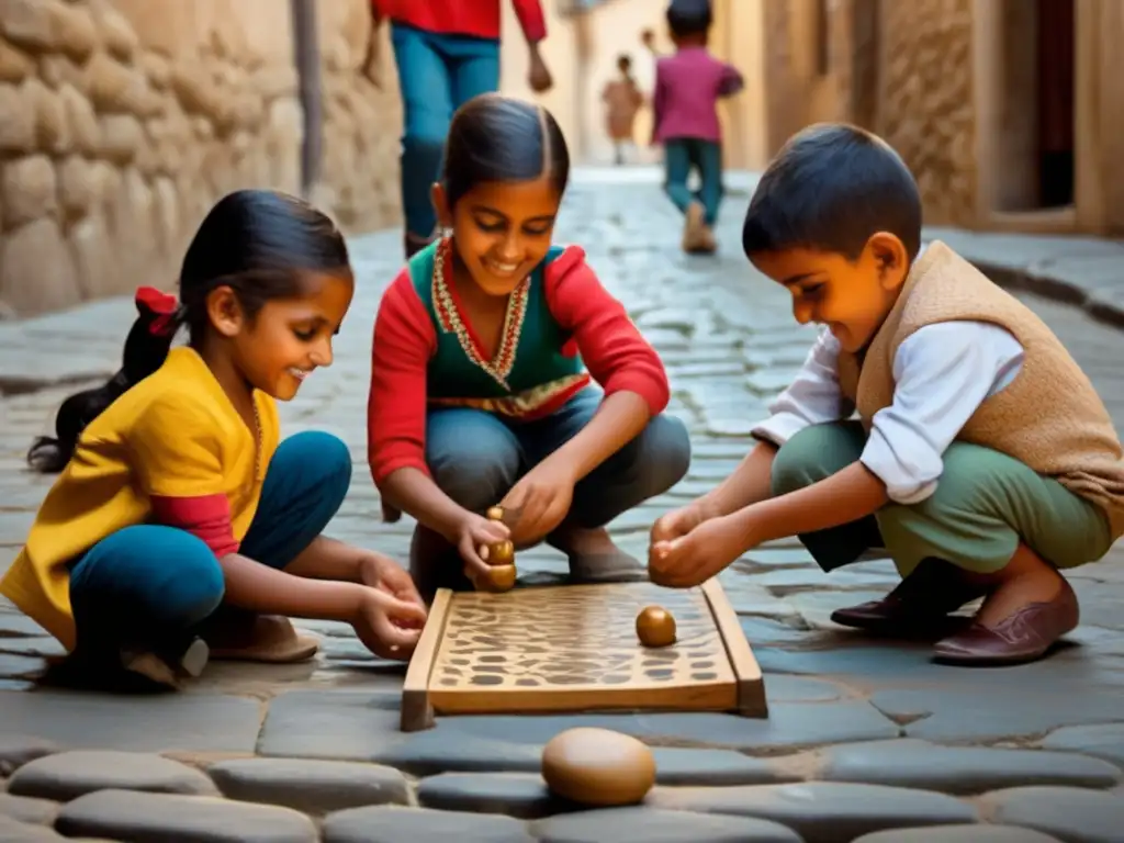 Un juego de chapas en una calle empedrada, niños concentrados en el juego. <b>La historia cultural del juego de chapas cobra vida.
