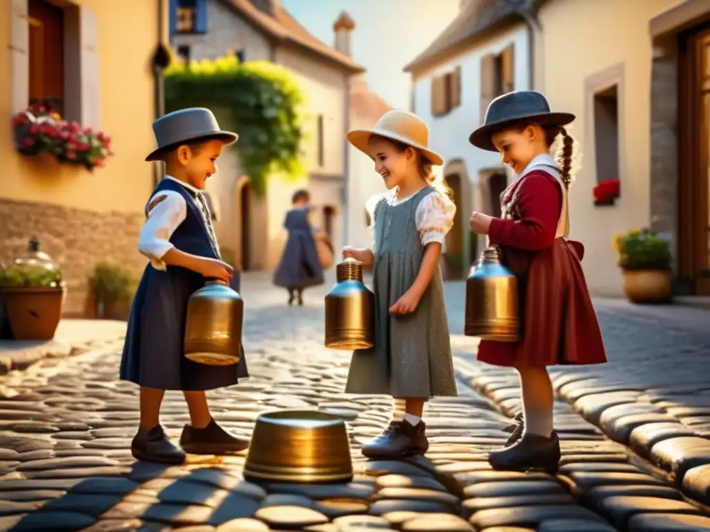 Un juego de chapas en un pueblo europeo. <b>Niños vestidos de época disfrutan bajo el cálido sol.</b> <b>La historia cultural del juego de chapas cobra vida.