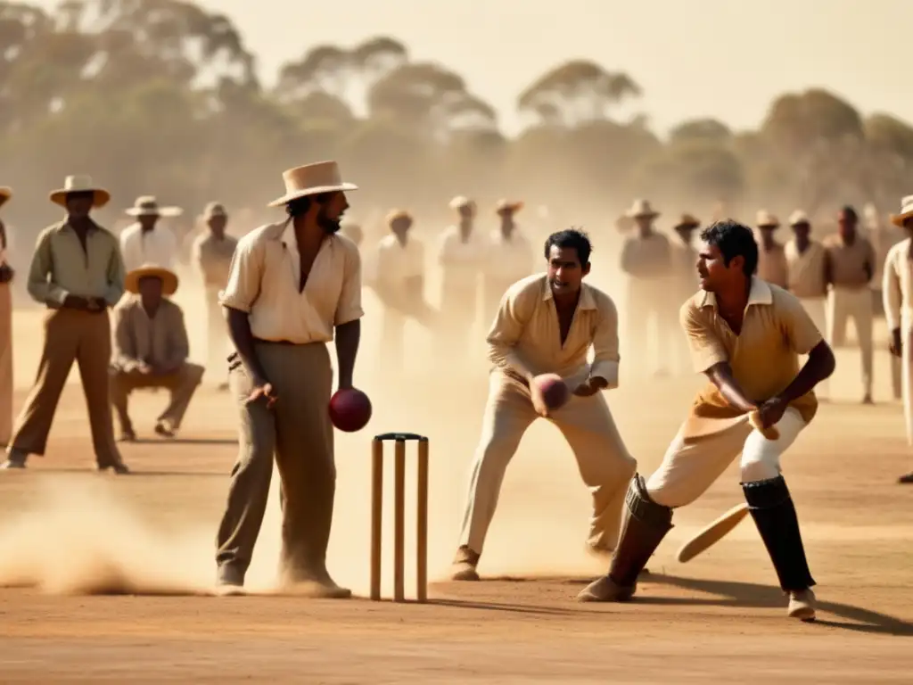 Juego de cricket entre indígenas australianos en campo polvoriento. Evoca la evolución de los deportes indígenas en Australia.