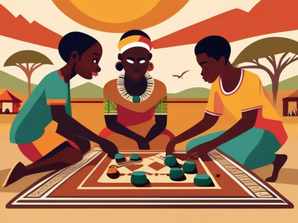 Un juego de destreza con piedras en un paisaje africano vibrante, con jugadores concentrados y piezas de piedra tallada.