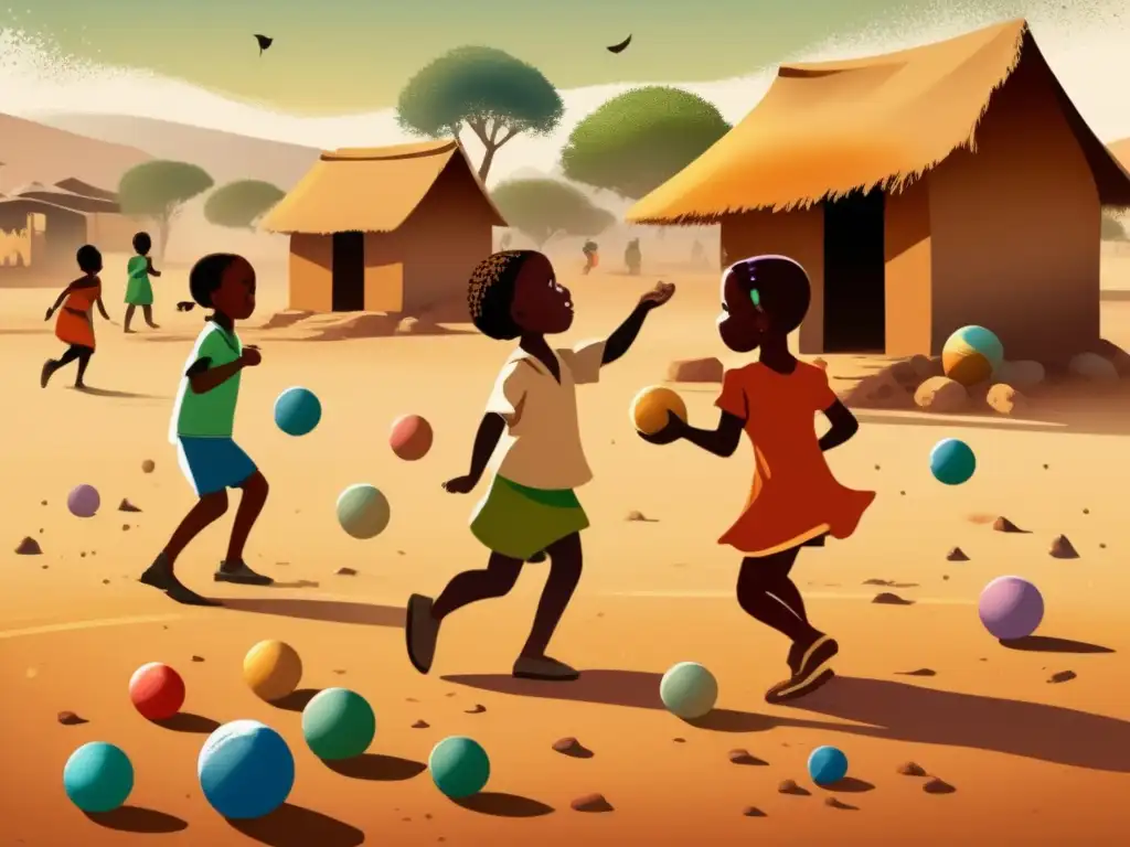 Juego de diketo en un pueblo sudafricano, niños concentrados y coloridas canicas en el suelo, con cálida atmósfera nostálgica.