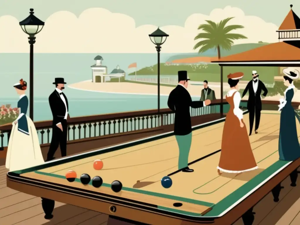 Un juego de shuffleboard en un elegante resort europeo del siglo XIX. <b>Origen y evolución del shuffleboard.