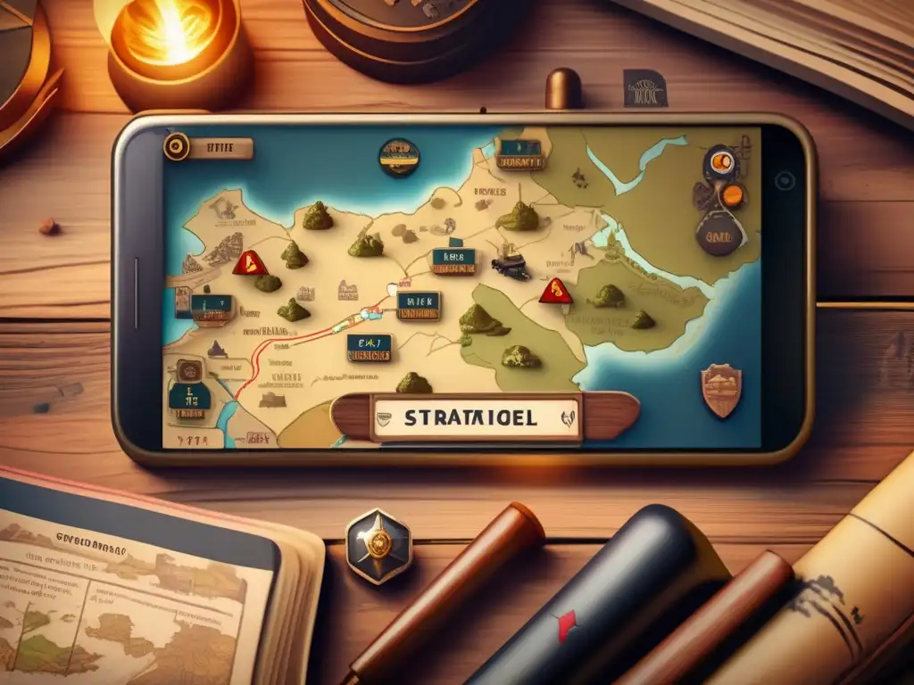 Un juego de estrategia en dispositivos móviles, con un teléfono vintage y un juego de guerra en una mesa rústica.