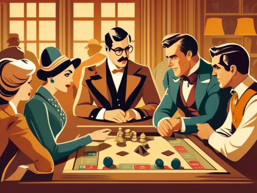 Un juego de estrategia vintage con personas concentradas en un tablero detallado. Evoca historia y tradición en innovaciones en juegos de estrategia.