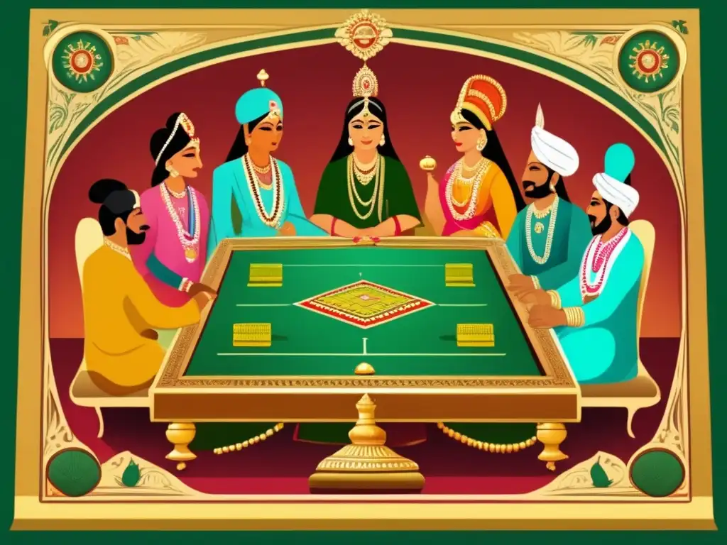 Un juego estratégico de Parchís en la corte real de la India antigua, evocando el origen y evolución histórica del Parchís.