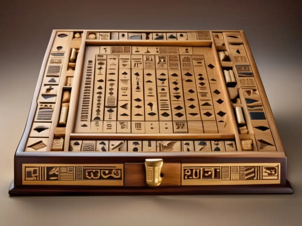 El juego de los faraones impacta: tablero de Senet antiguo con jeroglíficos y piezas de marfil, evocando la historia y tradición egipcia.