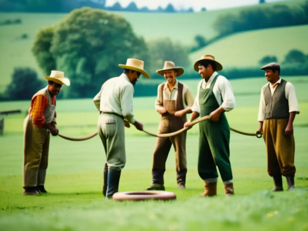 Un juego de herradura tradicional en un campo verde, donde trabajadores juegan con camaradería en un día soleado.