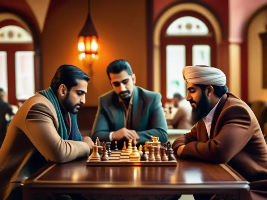 Un juego intenso de ajedrez en una cafetería persa, resaltando el legado cultural del ajedrez persa con un ambiente acogedor y cálido.