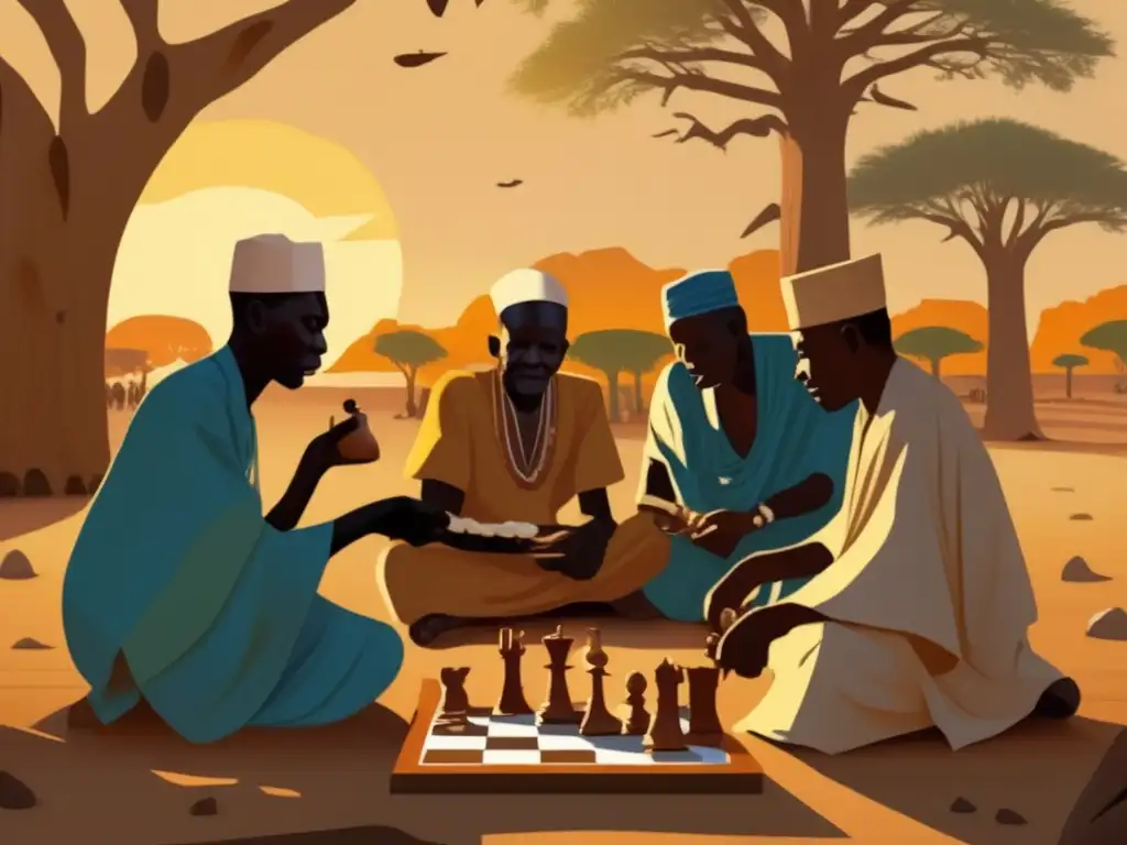 Un juego intenso de ajedrez chadiano entre ancianos bajo un baobab al atardecer. <b>Impacto cultural y tradición.