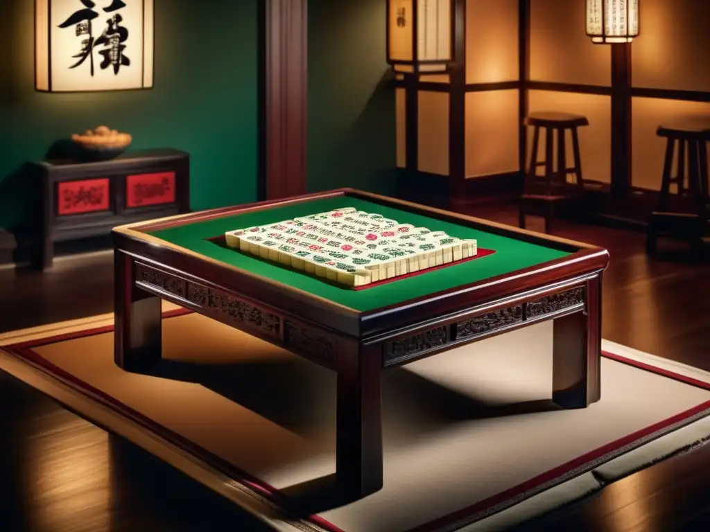 Un juego intenso de mahjong en un ambiente cultural asiático impactante.