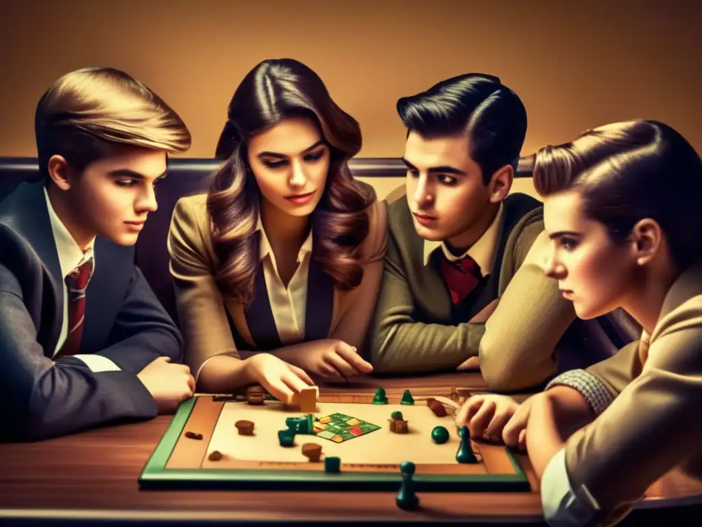 Un juego de simulación para educar: jóvenes estudiantes se concentran alrededor de un juego de mesa vintage, inmersos en estrategias educativas.
