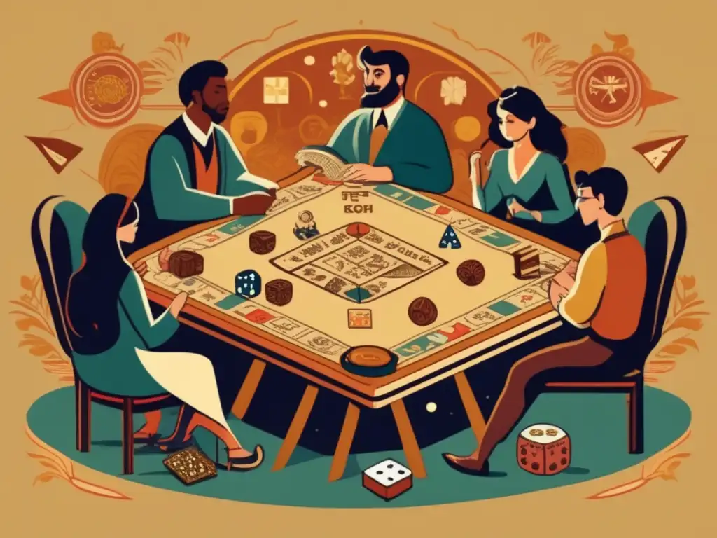Un juego de mesa mitológico envuelve a un grupo de personas en una animada partida. <b>La ilustración vintage evoca nostalgia y exploración académica.