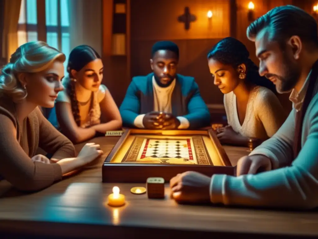 Un juego de mesa religioso crea un ambiente contemplativo y de conexión espiritual entre un grupo de personas en una escena vintage. <b>Impacto juegos de mesa religión.