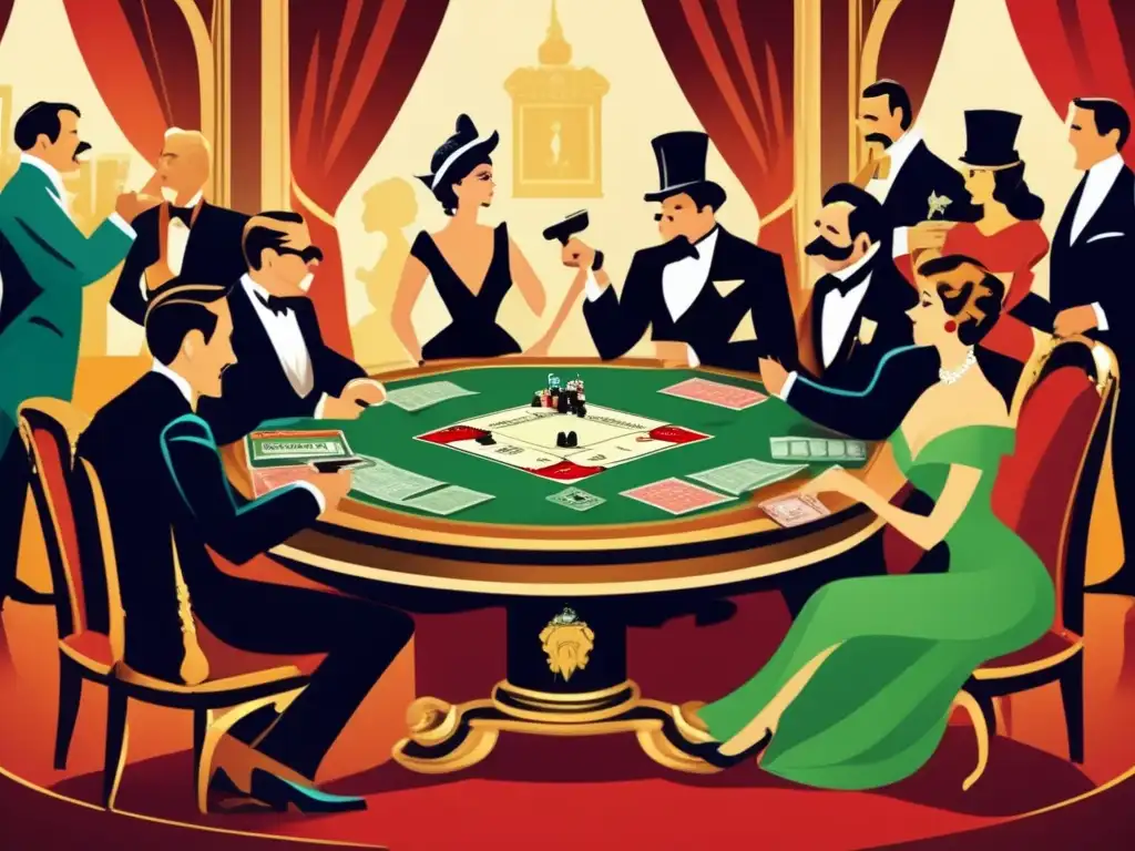 Un juego de mesa vintage con una atmósfera política tensa. <b>Interpretaciones políticas juegos de mesa en una ilustración de suspenso y elegancia.