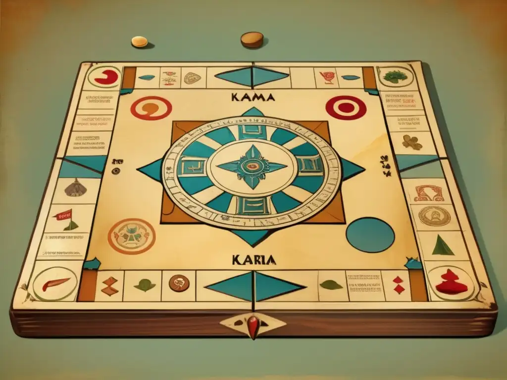Una representación del karma en Gyan Chauper, un juego de mesa vintage con detalles pintados a mano en un tablero envejecido.