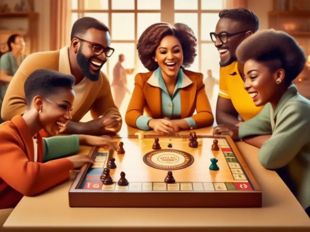 Un juego de mesa vintage con diversidad en jugadores concentrados y felices.