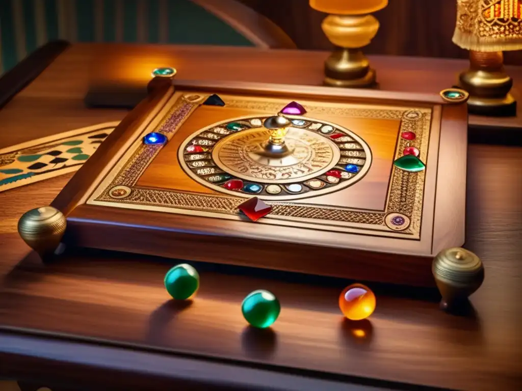 Un juego de mesa vintage con intrincados detalles de madera y gemas, en una acogedora sala de juegos. <b>Elementos escénicos en juegos de mesa.