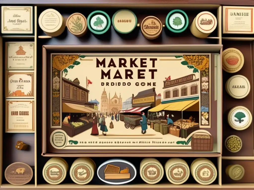 Un juego de mesa vintage con miniaturas detalladas de un bullicioso mercado. Simulaciones de mercado en juegos evocan nostalgia y encanto histórico.