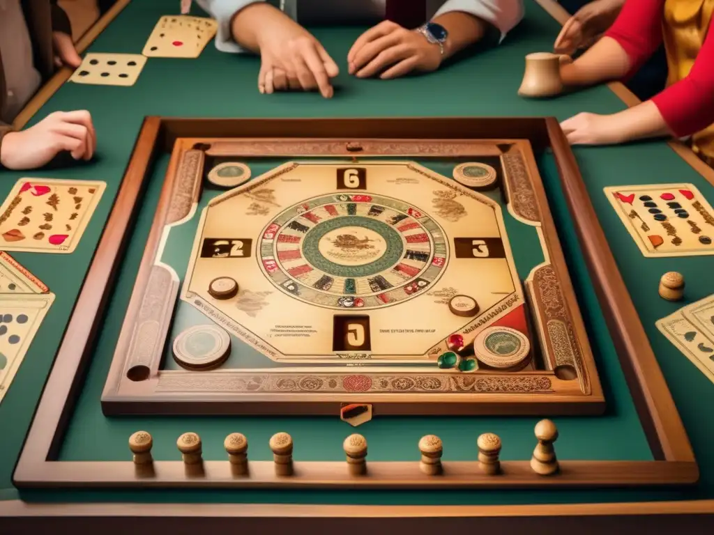 Un juego de mesa vintage con piezas ornamentadas y un tablero desgastado. <b>Jugadores intensos rodeados de espectadores curiosos.</b> <b>Controversia juegos de mesa.