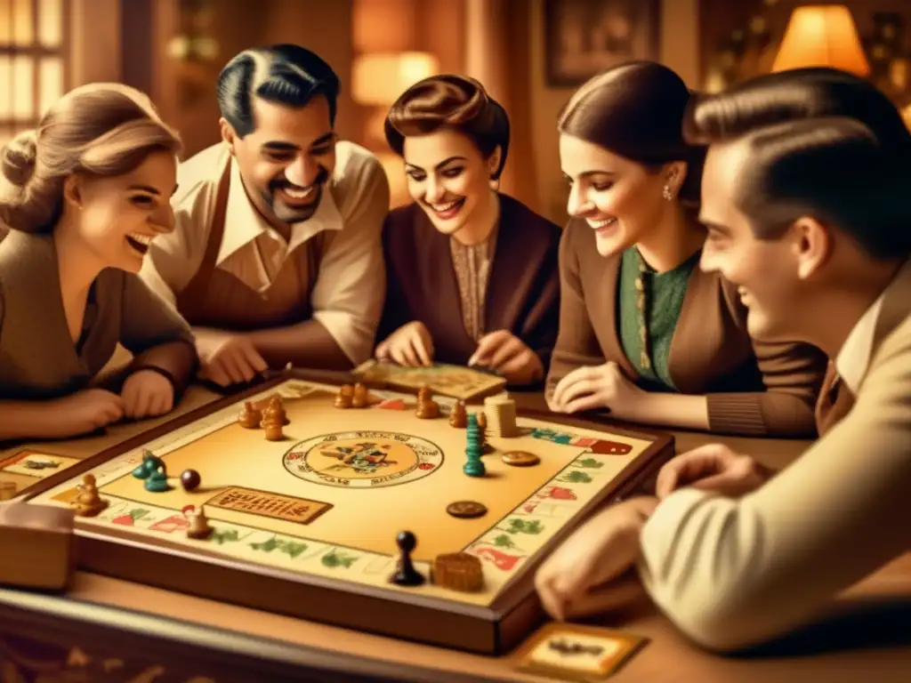 Un juego de mesa vintage repleto de detalles y colores, rodeado de personas disfrutando. <b>Transmite nostalgia y cultura.