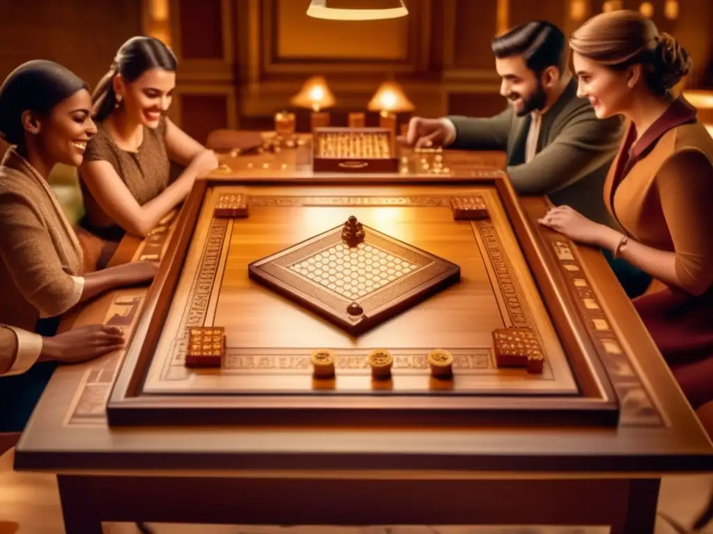 Un juego de mesa vintage rodeado de jugadores, evocando la historia de género en juegos milenarios.