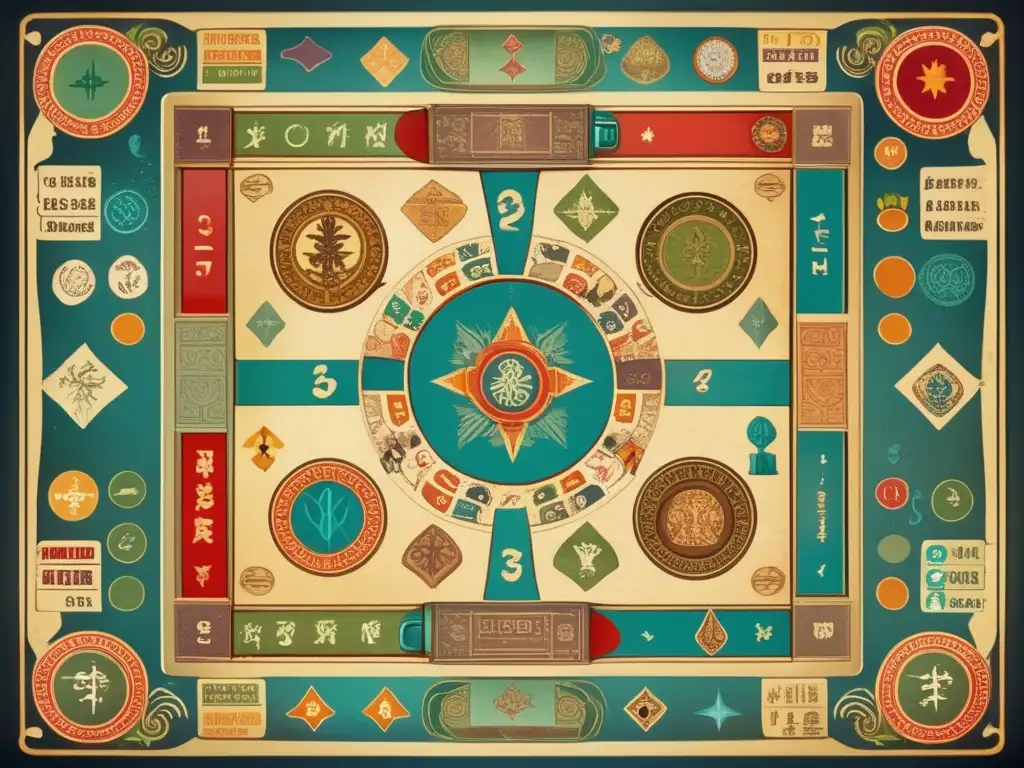Un juego de mesa vintage con símbolos religiosos, deidades y paisajes místicos. <b>Impacto juegos de mesa religión.