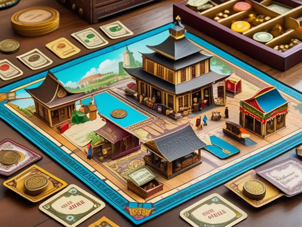 Un juego de mesa vintage con temática de comercio en el mercado, detallado y nostálgico. <b>Simulaciones de mercado en juegos.