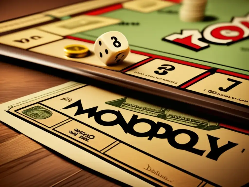 Un juego de Monopoly vintage con detalles intrincados y tonos cálidos sepia, reflejo del Monopoly en la Gran Depresión.