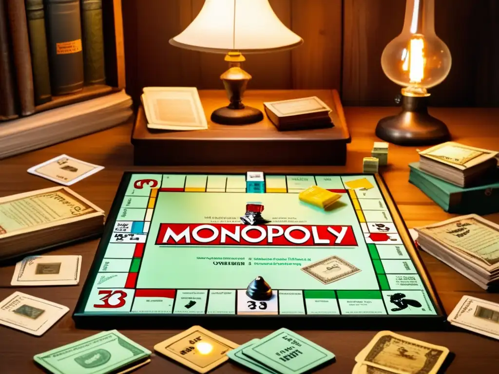 Un juego de Monopoly vintage en una mesa de madera rodeado de libros antiguos y una lámpara cálida, capturando el impacto cultural del juego Monopoly.