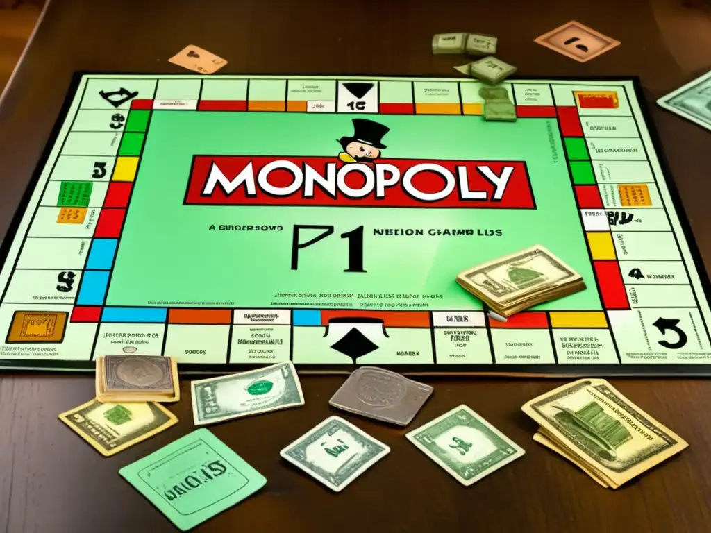Un juego de Monopoly vintage en una mesa de madera, rodeado de dinero antiguo, piezas metálicas y cartas desgastadas. Evoca nostalgia y perdurabilidad, simbolizando el impacto cultural y económico de Monopoly.