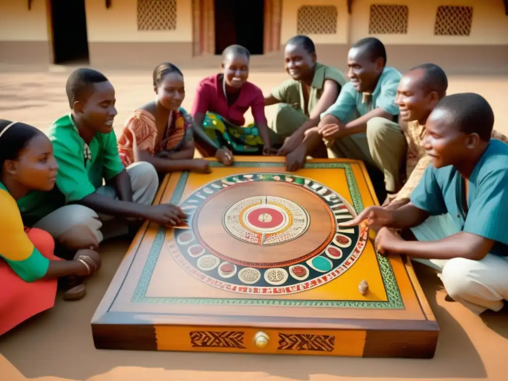 Un juego de Ntchuva en Mozambique: hombres y mujeres se reúnen alrededor de un tablero vibrante y detallado. <b>Origen y significado cultural de Ntchuva.