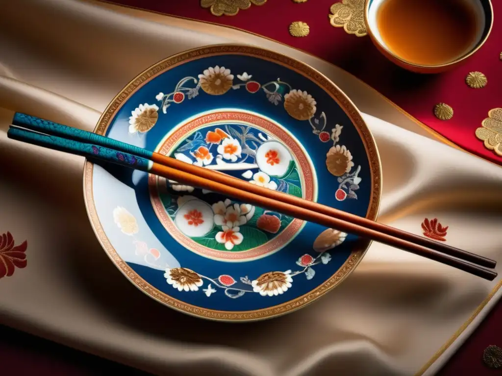 Un juego de palillos asiáticos vintage tallados con esmero y una delicada fuente de porcelana, descansando sobre un mantel de seda bordado con elegantes motivos florales. <b>La precisión en la disposición de los palillos resalta el Renacimiento juegos palillos Asia.