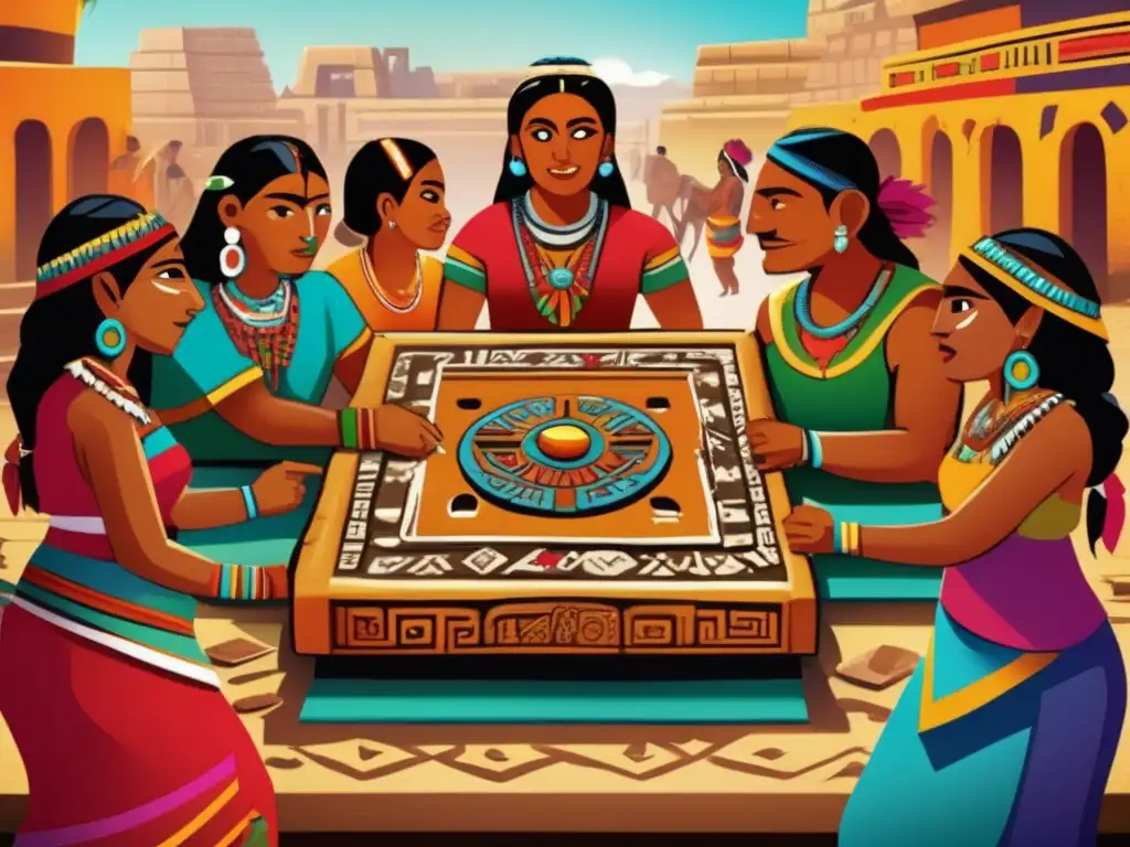 Un juego de patolli en un mercado azteca, hombres y mujeres concentrados en emocionantes movimientos. <b>Impacto cultural y tradición ancestral.