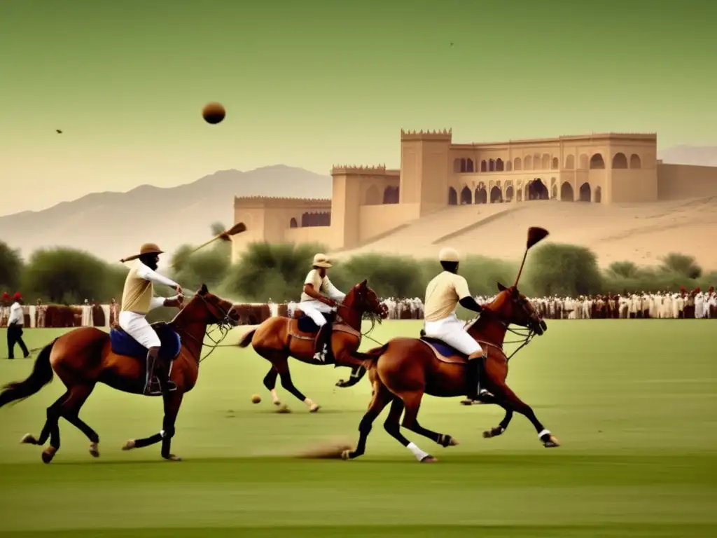 Juego de polo vintage en Persia, con elegantes jugadores a caballo y un palacio de fondo. <b>Evoca el origen y evolución del Polo.