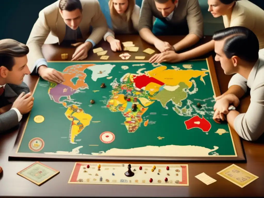 Un juego de Risk en una fotografía vintage, con jugadores inmersos en la estrategia. <b>Impacto cultural de juegos de estrategia global.