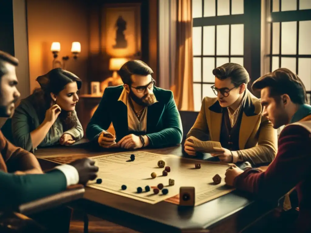 Un juego de rol envolvente con jugadores concentrados alrededor de la mesa. <b>Los tonos cálidos evocan nostalgia.</b> El sistema de juego define la experiencia.