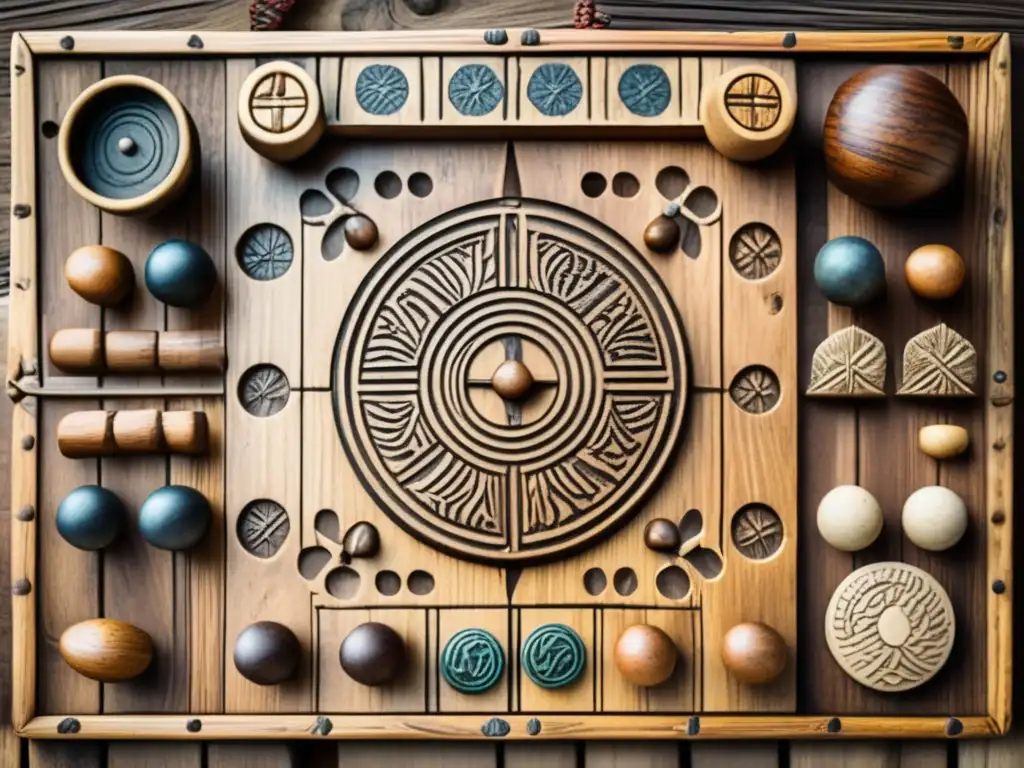 Un juego de tablero vikingo antiguo con piezas de madera talladas, evocando la mecánica de juegos vikingos conquista.